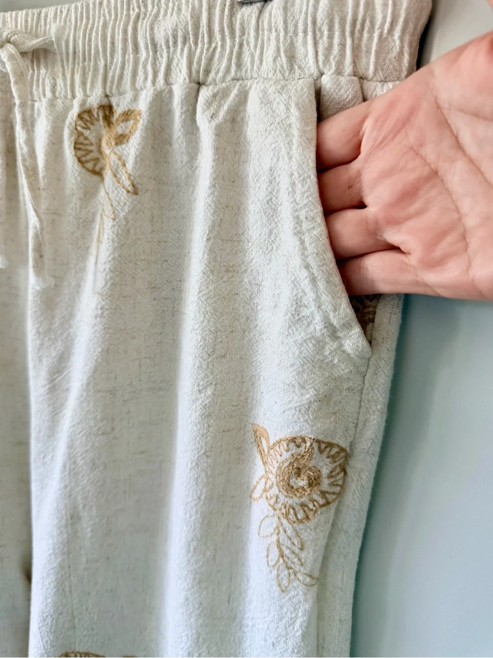 ComfyLuxe Linen Cotton Embroidered Wide Leg Pants Boho Drawstring Pockets M/L